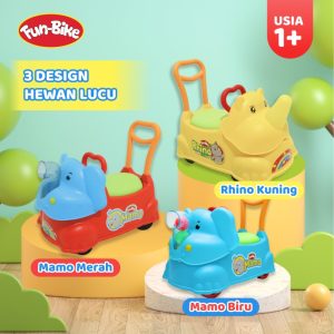 Varian Warna Mamo & Rhino Funbike Mainan Ride On Karakter Gajah dan Badak Mainan Dorong Duduk Anak 2 Tahun dengan Roda dan Bola Toys