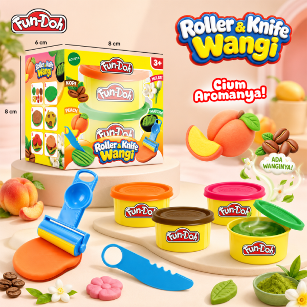 Fundoh Roller & Knife Wangi playdough aroma peach, teh melati, kopi, dan matcha dengan roller dan pisau mainan