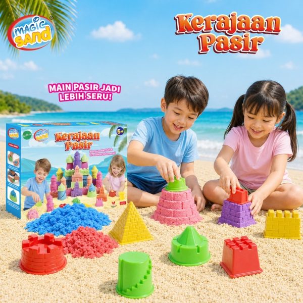 Magic Sand Kerajaan Pasir mainan pasir kinetik edukatif anak usia 5 tahun ke atas dengan pilihan varian Royal Castle dan Kingdom Village lengkap dengan cetakan kastil, pasir warna-warni, dan tatakan bermain.