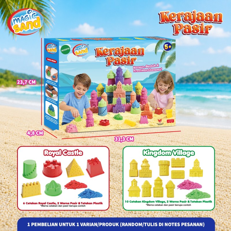 Magic Sand Kerajaan Pasir Royal Castle & Kingdom Village - Mainan Pasir Kinetik Edukatif Anak 5+ Magic Sand Kerajaan Pasir mainan pasir kinetik edukatif anak usia 5 tahun ke atas dengan pilihan varian Royal Castle dan Kingdom Village lengkap dengan cetakan kastil, pasir warna-warni, dan tatakan bermain.